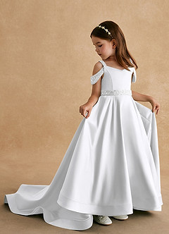 Azazie Jodi Robe Demoiselle D'honneur Fillette Robe Trapèze en Mat Satiné Blanc image1