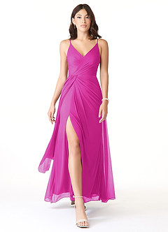 Azazie Evalin Bridesmaid Dresses Fuchsia A-Line V-Neck Pleated Mesh Dress image1