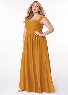 Azazie Zapheira Abiti da Damigella Abito A-Line in Chiffon Increspato Caramello image7