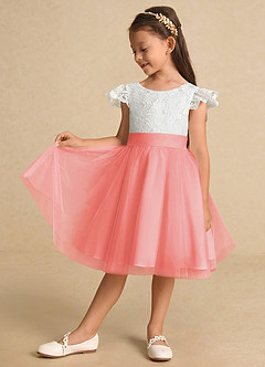 Azazie Vetty Flower Girl Dresses Ivory Coral A-Line Lace Tulle Dress image4