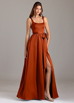 Azazie Elliott Bridesmaid Dresses Paprika A-Line with Pockets Stretch Satin Dress image1