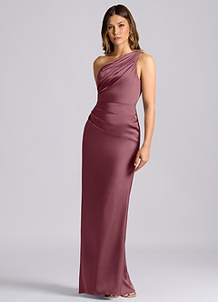 Azazie Akilah Robes de demoiselle d'honneur Robe Sirène en Satin extensible Asymétrique Rose Du Désert image6