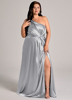 Azazie Brooke Bridesmaid Dresses Silver A-Line One Shoulder Metallic Satin Dress image12