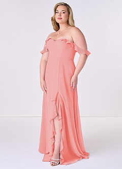 Barbie ♥ Azazie Robes de demoiselle d'honneur Robe Trapèze Convertible en Mousseline de soie Épaule décolletée Corail image9