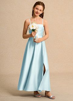 Azazie Pebbles Girls Formal Blumenmädchenkleider A-Linie Plissee Matte Satin Kleid Seegrün image6