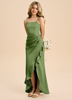 Azazie Buzzy Junior Robe Fourreau en Satin extensible Plissée Genévrier image1