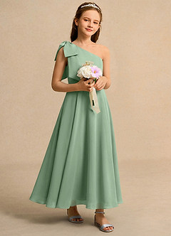 Azazie Guppy Girls Formal Robe Demoiselle D'honneur Fillette Robe Trapèze en Mousseline de soie Une épaule Matcha image1