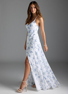 Azazie Davis Bridesmaid Dresses Blue Cottage Floral A-Line V-Neck Chiffon Dress image3