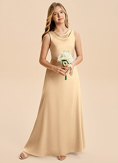 Azazie Kiki Junior Robe Trapèze en Satin extensible Arc Champagne image3