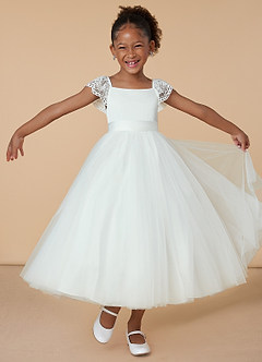 Azazie Little Flower Girl Dresses Diamond White A-Line Lace Tulle Dress image4