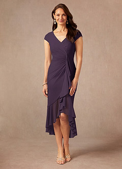 Azazie Renetta Mother of the Bride Dresses Plum Sheath V-Neck Pleated Mesh Dress image4