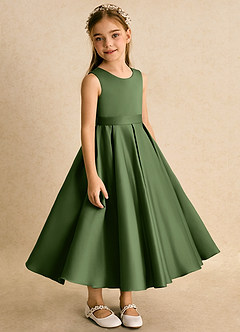 Azazie Junebuj Robe Demoiselle D'honneur Fillette Robe Princesse en Mat Satiné Plissée Olive image5