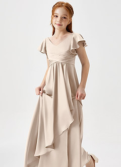 Azazie Omari Junior White Alabaster A-Line Pleated Stretch Satin Dress image6