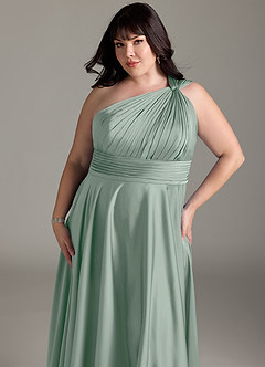 Azazie Charlize Bridesmaid Dresses Agave A-Line One Shoulder Stretch Satin Dress image14