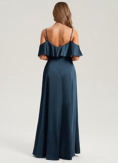 Azazie Jean At-home Try On Dresses Dark Navy A-Line Off the Shoulder Stretch Satin Dress image2