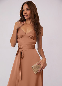 Barbie ♥ Azazie Final Sale Bronzer A-Line Bow Stretch Satin Dress image4