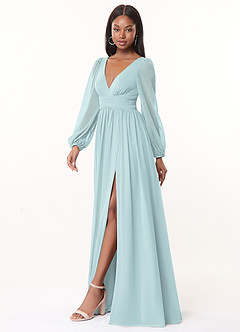 Azazie Norah Bridesmaid Dresses Mist A-Line V-Neck Long Sleeve Chiffon Dress image4