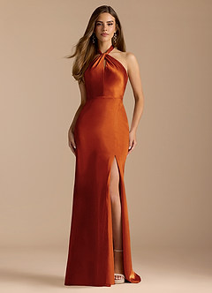 Azazie Tracie Bridesmaid Dresses Paprika A-Line Pleated Metallic Satin Dress image1