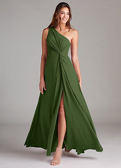 Azazie Brooke Robes de demoiselle d'honneur Robe Trapèze en Mousseline de soie Ue épaule Olive image3