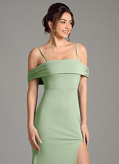 Azazie Evangelia Robes de demoiselle d'honneur Robe Sirène en Jersey extensible de qualité supérieure Épaules dénudées Vert Sauge image2