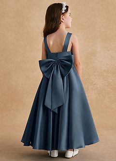 Azazie Honey Bear Blumenmädchenkleider A-Linie Plissee Matte Satin Kleid Neptunblau image1