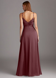 Azazie Calissa Bridesmaid Dresses Sangria A-Line V-Neck Pleated Stretch Satin Dress image2