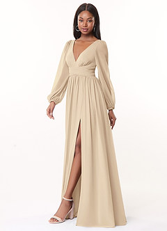 Azazie Norah At-home Try On Dresses Champagne A-Line V-Neck Long Sleeve Chiffon Dress image4