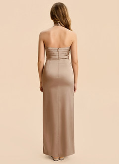 Azazie Jemma Junior Taupe Sheath Ruched Stretch Satin Dress image2