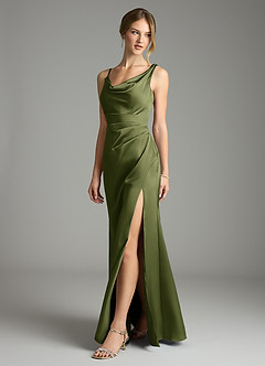 Azazie Samara Robes de demoiselle d'honneur Robe Sirène en Satin extensible Plissée Olive image3