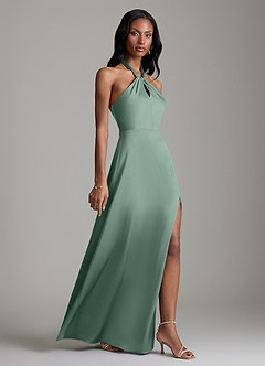 Azazie Tracie Bridesmaid Dresses Eucalyptus A-Line Side Slit Stretch Satin Dress image3