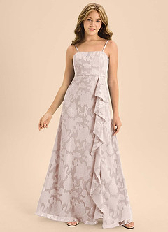 Azazie Kaylee Junior Blushing Pink A-Line with Belt Floral Burnout Dress image1