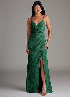 Azazie Maci Bridesmaid Dresses Dark Green Sheath Pleated Floral Burnout Dress image4