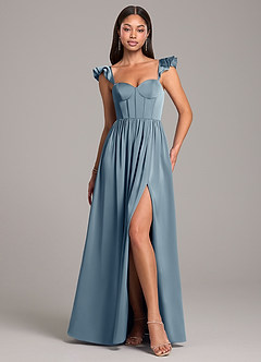 Azazie Denisse At-home Try On Dresses Dusty Blue A-Line Ruched Stretch Satin Dress image1