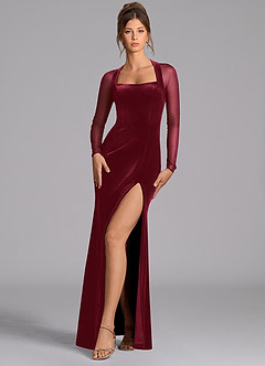 Azazie Megan At-home Try On Dresses Burgundy Mermaid Long Sleeve Mesh Dress image3