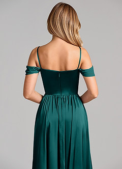 Azazie Raisa Abiti da Damigella Abito A-Line in Raso Elasticizzato a Spalla Scoperta Verde Pavone image2