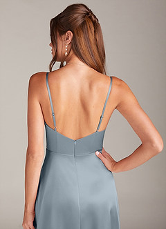 Azazie Sarella Bridesmaid Dresses Dusty Blue A-Line with Pockets Metallic Satin Dress image5