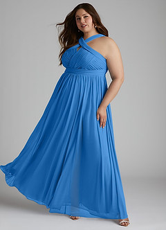 Azazie Hillian Vestidos de damas de honor Vestido de Azul Grisaceo de Malla de Corte en A con Halter Plisado image11