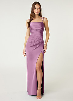 Azazie Desi Bridesmaid Dresses Wisteria Sheath Halter Corset Stretch Satin Dress image1