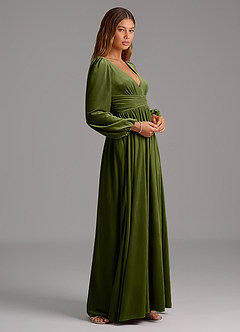 Azazie Norah Bridesmaid Dresses Olive A-Line Long Sleeve Velvet Dress image4