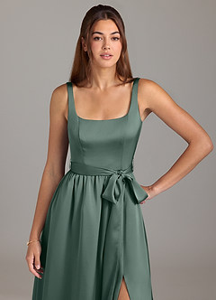 Azazie Elliott Bridesmaid Dresses Sea Moss A-Line with Pockets Stretch Satin Dress image2