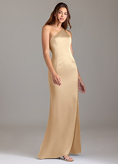 Azazie Arleth Robes de demoiselle d'honneur Robe Trapèze en Satin extensible Ue épaule Champagne image4