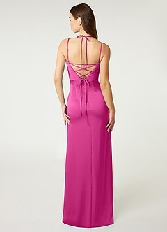Azazie Desi Vestidos de damas de honor Vestido de Fucsia de Satén Elástico de Corte Recto con Corsé Halter image3