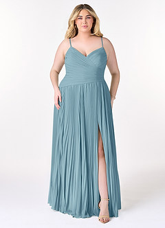 Azazie Vini Bridesmaid Dresses Moody Blue A-Line V-Neck Pleated Chiffon Dress image7