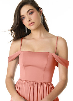 Azazie Morana Bridesmaid Dresses Coral A-Line Off the Shoulder Stretch Satin Convertible Dress image8