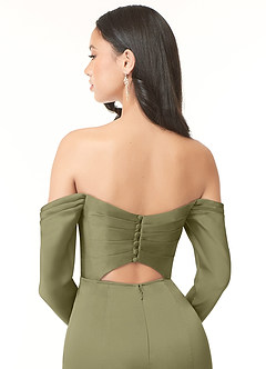 Azazie Hallie Bridesmaid Dresses Pistachio Sheath Off-The-Shoulder Long Sleeve Stretch Satin Convertible Dress image7