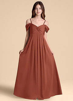 Azazie Kaitlynn Junior Abito A-Line in Raso Elasticizzato a Spalla Scoperta Auburn image6