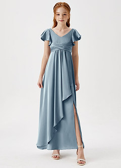Azazie Omari Junior Dusty Blue A-Line Pleated Stretch Satin Dress image4