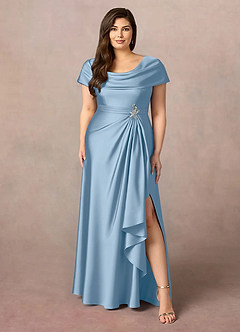 Azazie Branford Abiti per la Madre della Sposa Abito A-Line in Raso Elasticizzato Plissettato Azzurro Polvere image9
