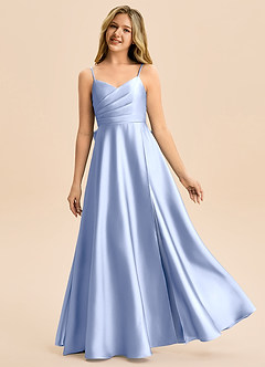 Azazie Rumi Junior A-Line Plisseret Stræk satin Gulv-længde Junior brudepige Kjole image1