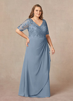 Azazie Amedeus Mother of the Bride Dresses Dusty Blue A-Line V-Neck Lace Chiffon Dress image9